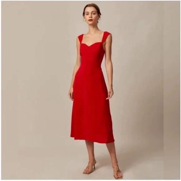 NEW! RIHOAS The Red Sweetheart Neckline Cap Sleeve Midi Dress Size XS - Picture 3 of 15